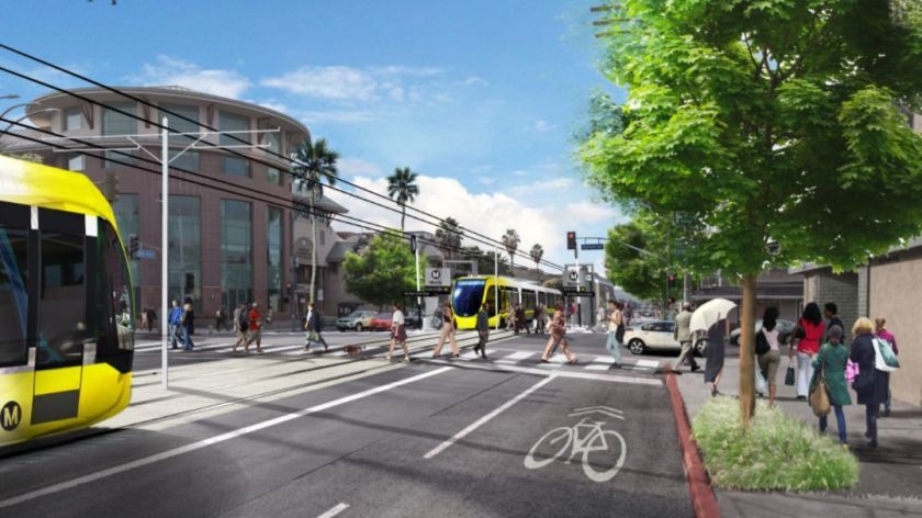 An artist’s rendering shows a train near the Van Nuys Civic Center